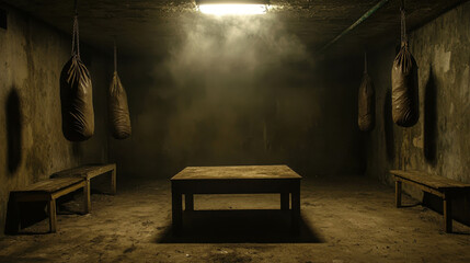 Dimly Lit Basement with Makeshift Boxing Ring and Suspended Punching Bags