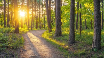 Fototapeta premium Sunset illuminating path through lush green forest.