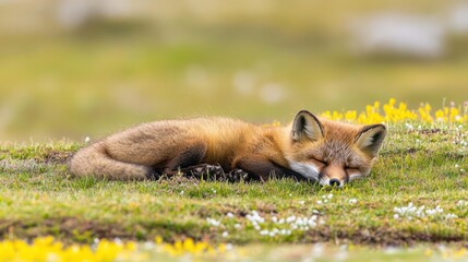 Adorable red fox kit naps peacefully amidst wildflowers in a grassy meadow.