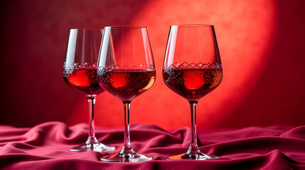Three elegant wine glasses filled with rich crimson liquid, rest on a deep red silk cloth.  A romantic, sensual scene.