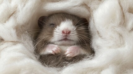 Fototapeta premium A cute hamster nestled in soft bedding, appearing cozy and content.