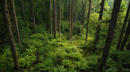 Obraz premium Lush green forest with tall trees and ferns covering the forest floor.