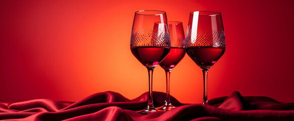 Three elegant wine glasses filled with rich red wine rest on a luxurious crimson silk fabric against a vibrant red backdrop, creating a captivating scene of romance and luxury.