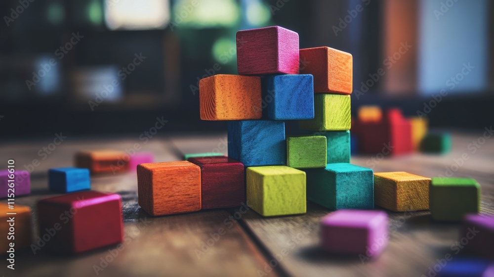 Poster A colorful block-building scene on a clean wooden table, Vibrant blocks arranged in creative structures, Contemporary artistic style