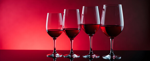 Four elegant wine glasses filled with rich red wine, set against a dramatic crimson backdrop. A sophisticated still life.