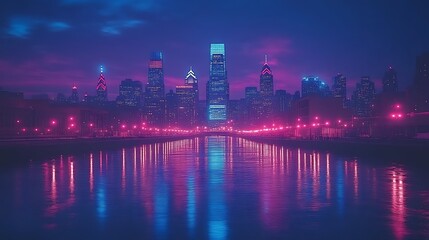 Naklejka premium Nighttime Philadelphia Skyline Reflected in Water