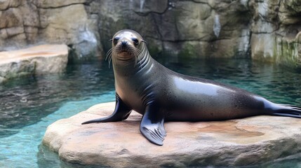 Fototapeta premium A young California sea lion rests on a rock, gazing directly at the camera. Its wet fur glistens, and the background features a pool and rocky structure.
