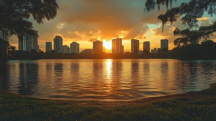 Fototapeta premium Cityscape Sunset Reflected in Calm Water