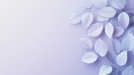 Pale lilac background with white leaves arranged on the right side, leaving ample copy space.