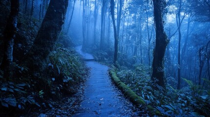 Fototapeta premium Misty forest path winding through lush vegetation.