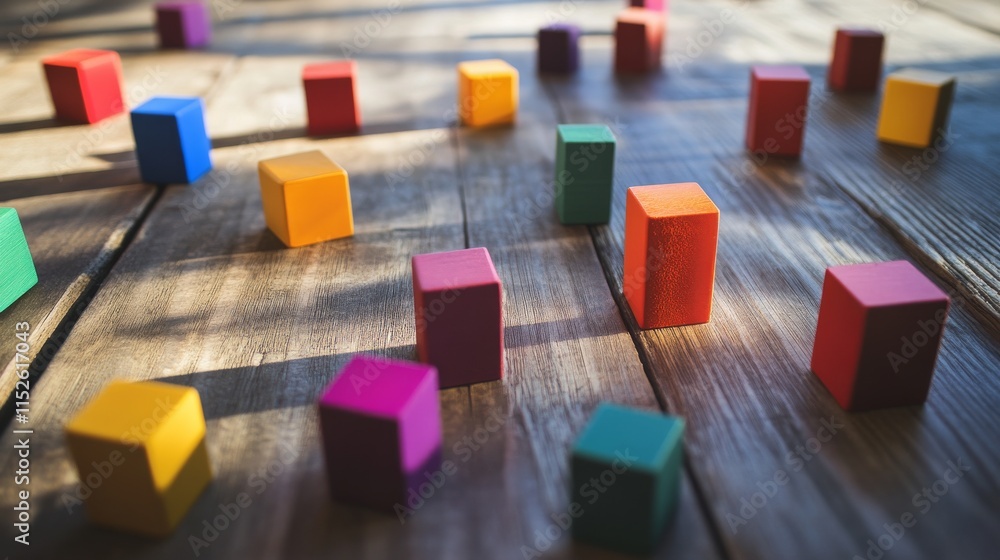 Poster a colorful block-building scene on a clean wooden table, vibrant blocks arranged in creative structu