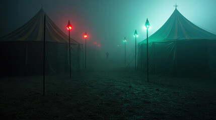 Eerie Fog Covered Circus Grounds at Night with Mysterious Atmosphere