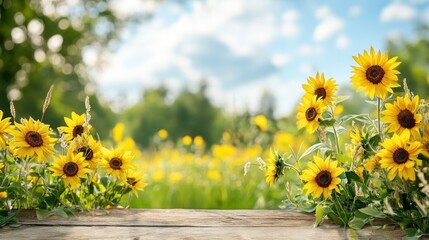 Obraz premium Sunny field of sunflowers with wooden surface in foreground.