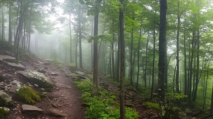 Obraz premium Misty forest trail winding through lush green trees and rocks.