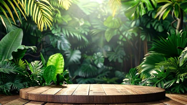 Wooden podium background wild jungle plant leaves