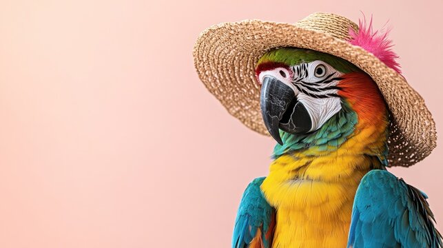Colorful macaw parrot wearing a straw hat against a pink background.