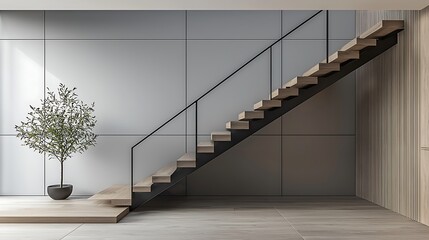 A sleek and modern staircase featuring black metal handrails and floating wooden steps in a luxury penthouse with minimalist decor.