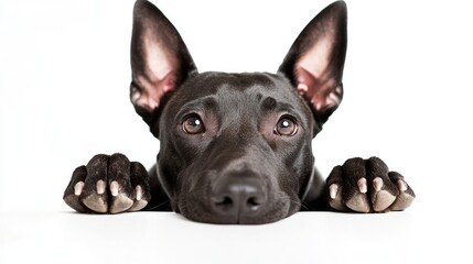 Black dog with paws on white background, looking at camera.