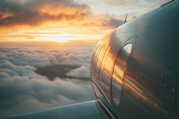 Airplane Window Reflecting Sunset Above Clouds During Flight