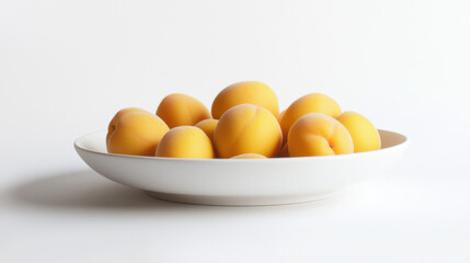 A neat bowl of golden apricots, soft yellow-orange tones accented with subtle hints of blush pink, elegantly presented on a pure white background. Hyperrealistic details of smooth fruit skin, minimali