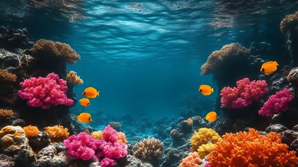 Obraz premium Vibrant Coral Reef Scene With Yellow Fish Swimming