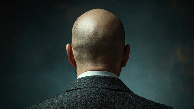 Baldness concept, rear back view of bald man head. adult male person hair loss problem, scalp skin alopecia, balding from stress, medical or medicine growth treatment, hairline, therapy.