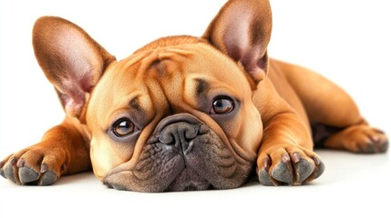 Obraz premium Adorable fawn French Bulldog puppy lying down on white background.