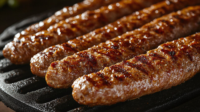 Closeup of balkan cevapi meat food meal. grilled serbian beef on barbecue, traditional roasted cevapcici kebab dish, delicious bosnian or croatian bbq lunch or dinner, oriental, fresh.
