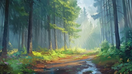 Obraz premium Sunbeams illuminate a lush forest path after rain, showcasing vibrant greenery and a tranquil atmosphere.