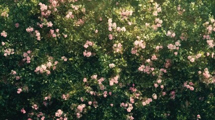 Lush pink rose bushes blooming in sunlight, creating a textured floral background.