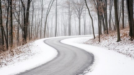 Obraz premium Winding snow-covered road through a winter forest.