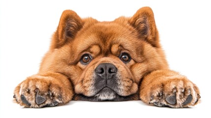Obraz premium Adorable red chow chow dog resting paws on white background.