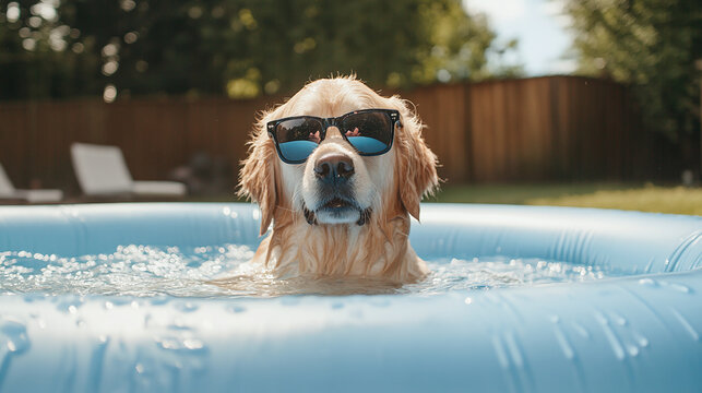 Golden retriever dog wearing sunglasses, pet animal in rubber inflatable pool in summer backyard garden. outside outdoor holiday vacation relax and swim, house home family recreation activity.
