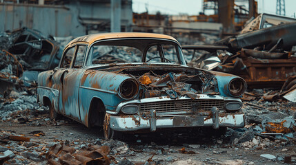 Old vintage retro broken car on automobile junkyard. vehicle metal parts recycling or used waste and garbage pile on industrial abandoned dump. damaged old rusty wracked and crashed.