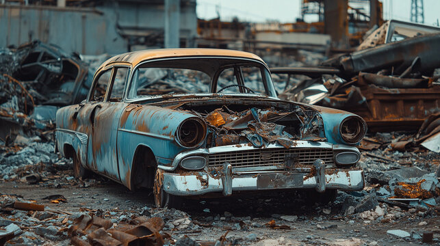Old vintage retro broken car on automobile junkyard. vehicle metal parts recycling or used waste and garbage pile on industrial abandoned dump. damaged old rusty wracked and crashed.