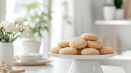 Neat Minimalist Dessert Display with Small Plate of Cookies on Bright Tabletop