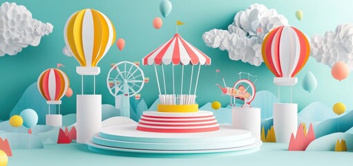 Fototapeta premium Whimsical papercraft amusement park scene with carousel, Ferris wheel, hot air balloons, and clouds against a pastel background.