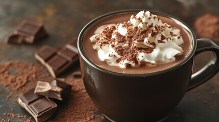 A rich cup of hot chocolate topped with whipped cream and chocolate shavings, surrounded by cocoa powder and chocolate pieces, evokes warmth and indulgence.