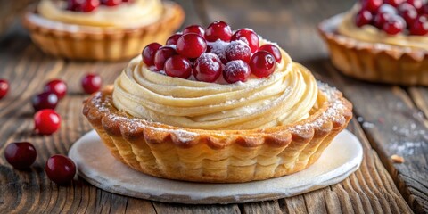 Delicious Pastry Tarts Topped with Sweet Berries and Powdered Sugar on Rustic Wooden Surface