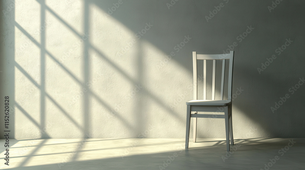 Poster minimalist scene of an empty chair by a window casting soft shadows