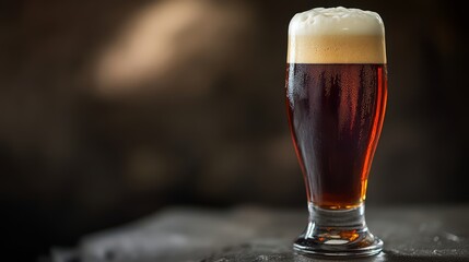A glass of dark beer with a creamy head, set against a blurred background, highlighting its rich color and texture.
