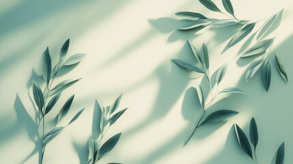 Flat lay of olive branches with shadows on pastel background.