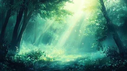 Obraz premium Sunbeams illuminate a mystical green forest path, creating a magical, serene atmosphere.