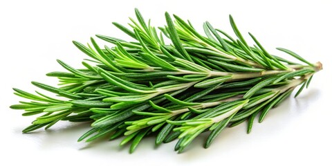 Freshly harvested rosemary leaves isolated on a white background with a subtle texture, showcasing the herb's vibrant green color and delicate aroma, garden, aromatherapy