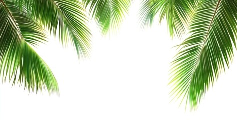 Lush green palm fronds isolated on white background, creating a tropical frame.