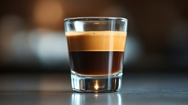 A close-up of a layered espresso shot in a clear glass, showcasing a rich, dark base and a creamy top layer.