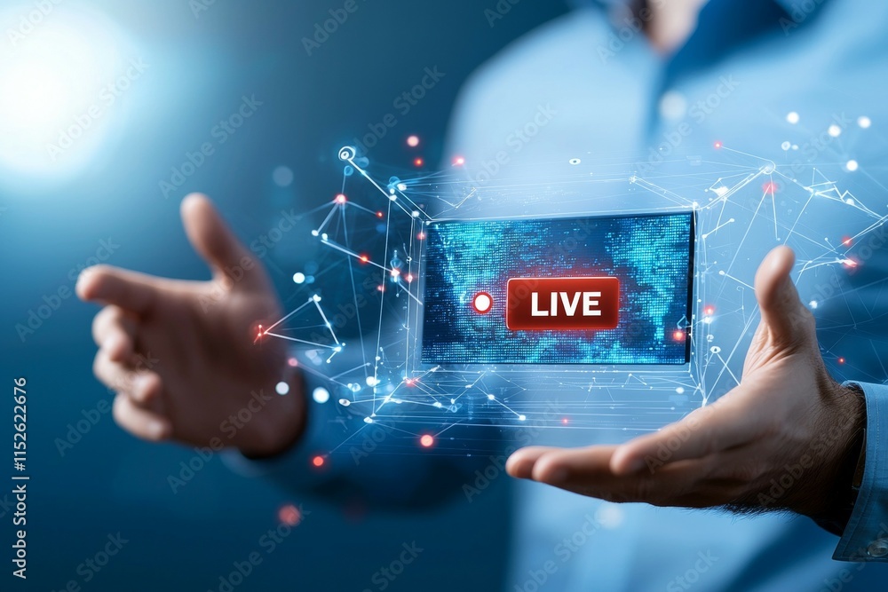 Poster a man is holding a screen with a red button that says live