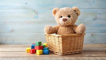Obraz premium A soft toy teddy bear sitting in a small wicker basket filled with colorful toys and blocks, childhood, stuffed bear