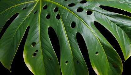 Close-up of a vibrant Monstera deliciosa leaf against a black background.