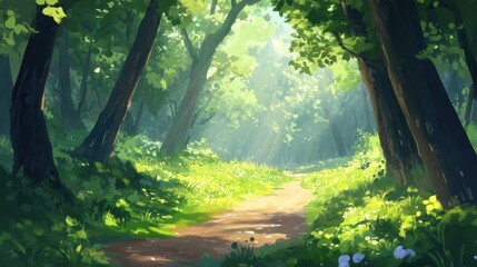 Fototapeta premium Sunlit path winding through a lush green forest, dappled sunlight filtering through leaves.